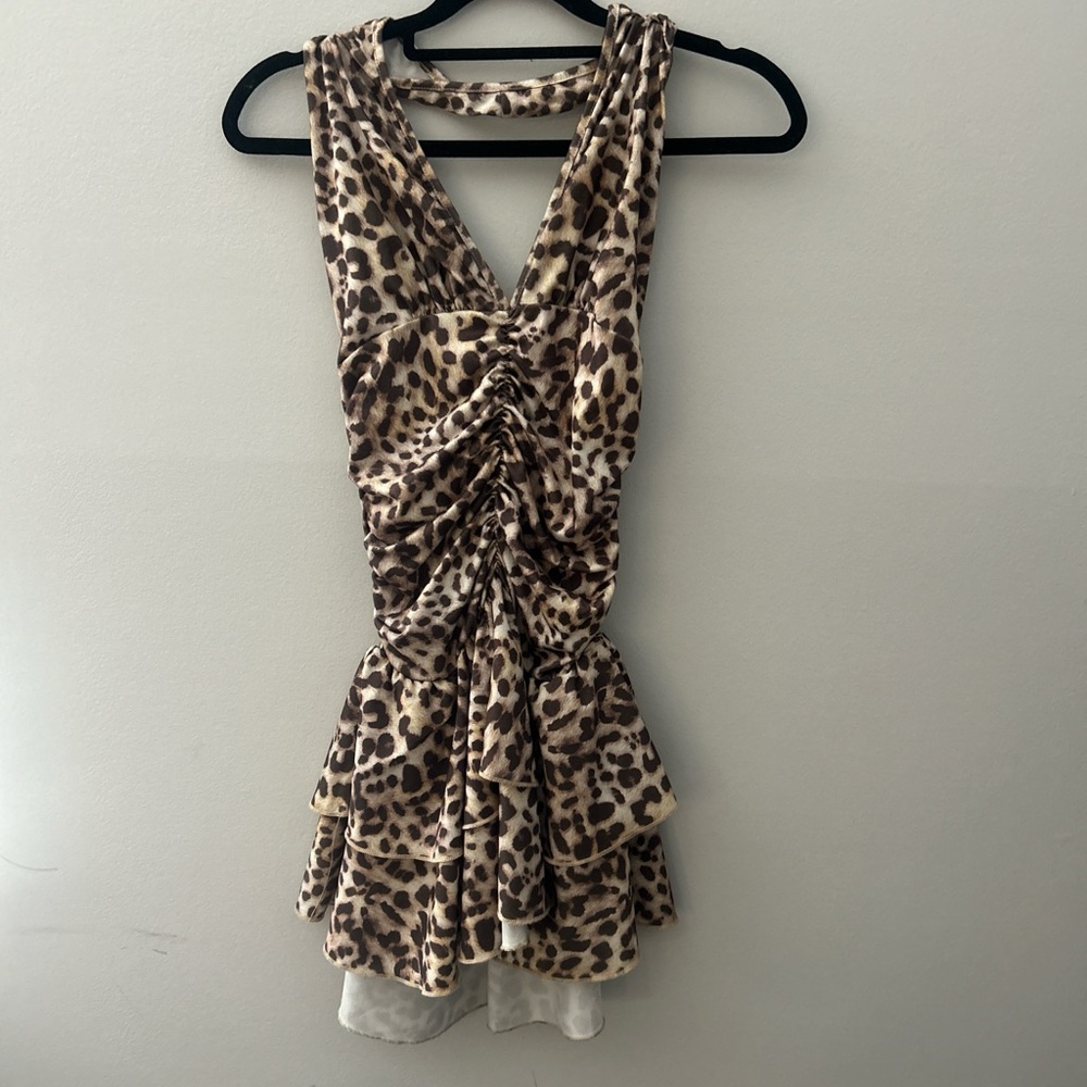 SHEIN Leopard Print Ruched V-Neck Mini Dress in Brown and Cream